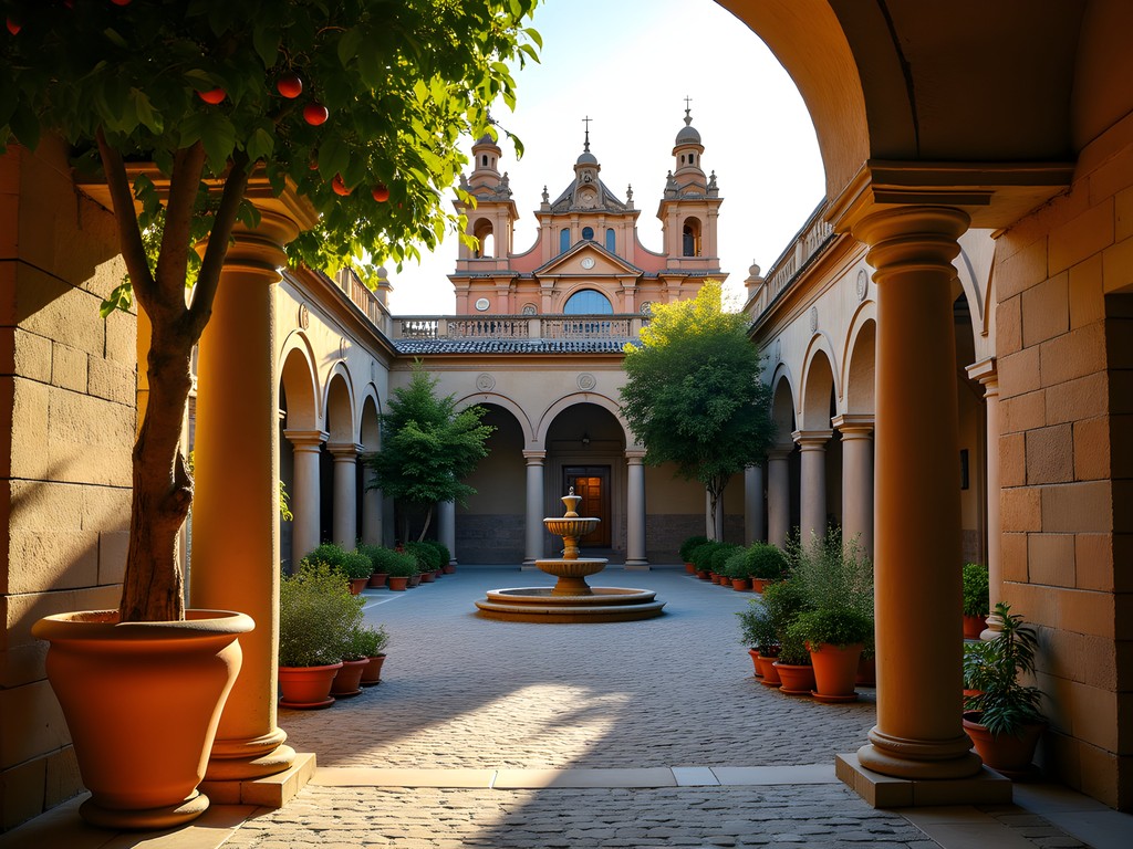 Hidden plaza in Seville at sunset with cathedral view and orange trees