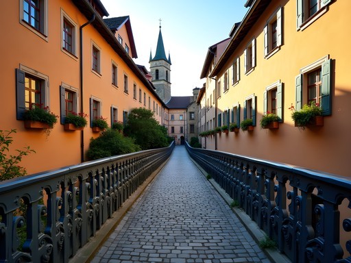 The famous Bridge of Lies in Sibiu with historic buildings in background
