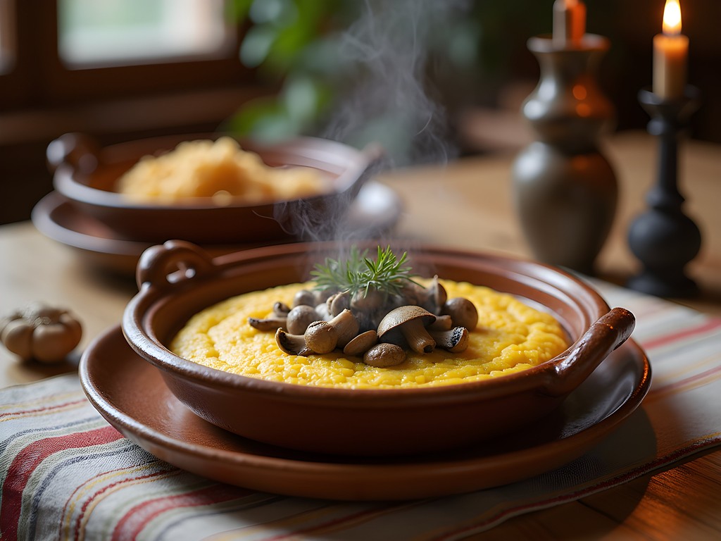 Traditional Carpathian mushroom bulz served in earthenware at hidden local restaurant in Sinaia