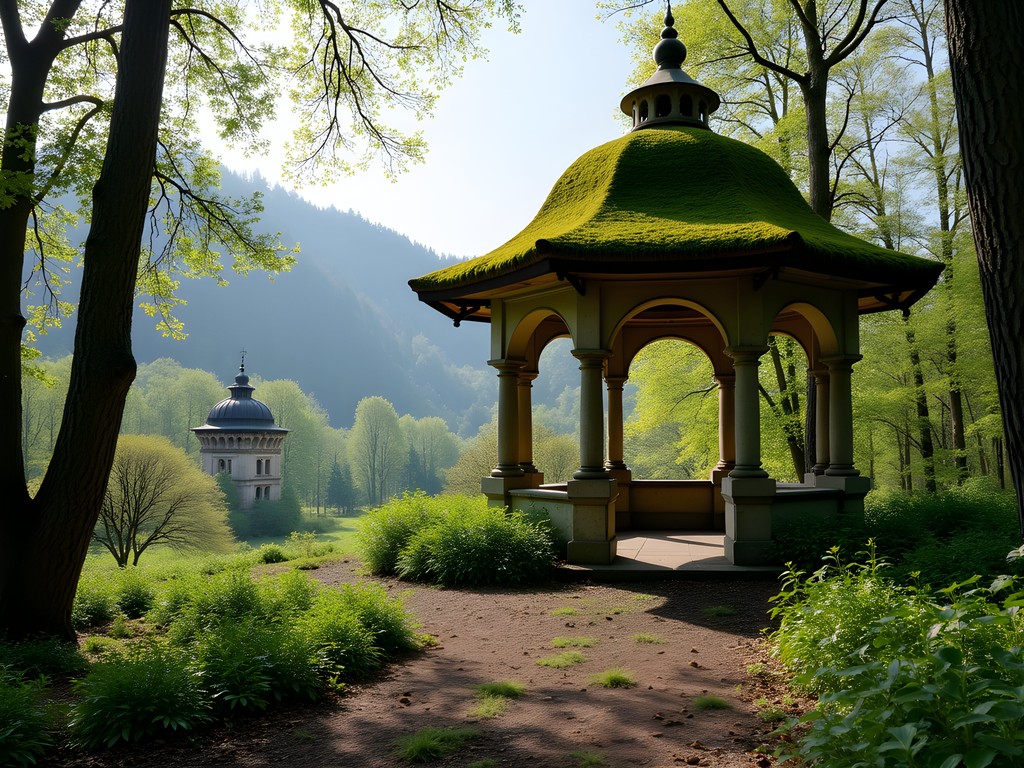 Moss-covered stone gazebo on the forgotten Royal Path with view of Peles Castle