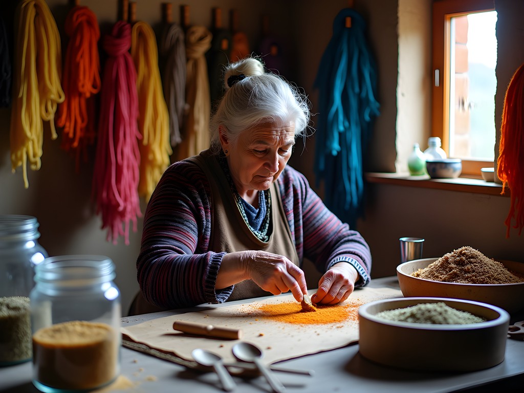 Traditional wool dyeing workshop in Sinaia using foraged Carpathian plants