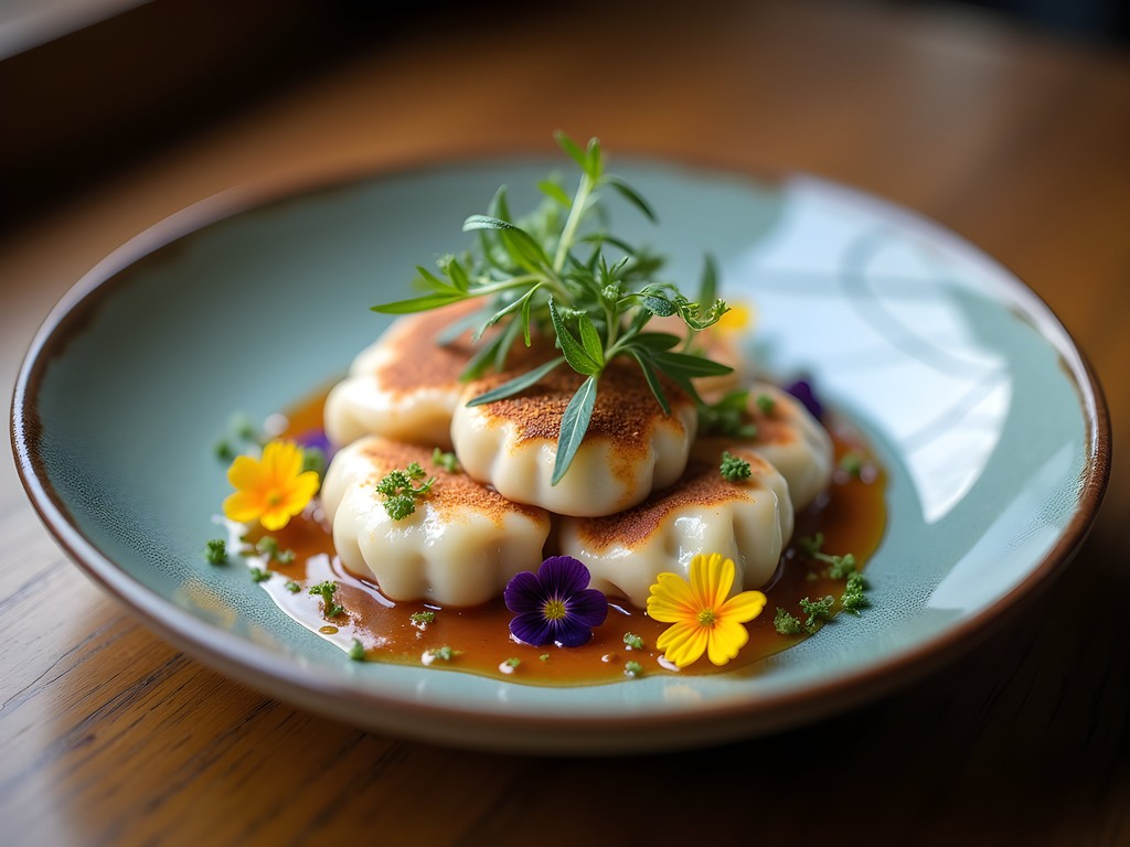 Elegantly plated salmon pelmeni fusion dish at Larkspur Café in Sitka