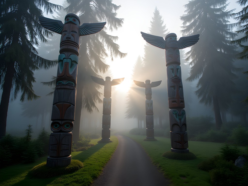 Misty morning view of totem poles along forest path in Sitka National Historical Park