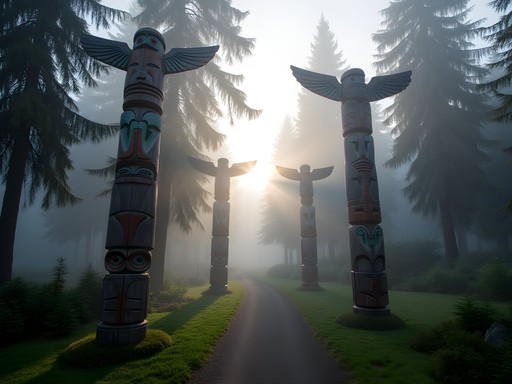 Misty morning view of totem poles along forest path in Sitka National Historical Park