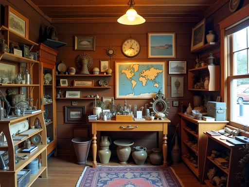 Collection of maritime artifacts and vintage items in Sitka antique shop