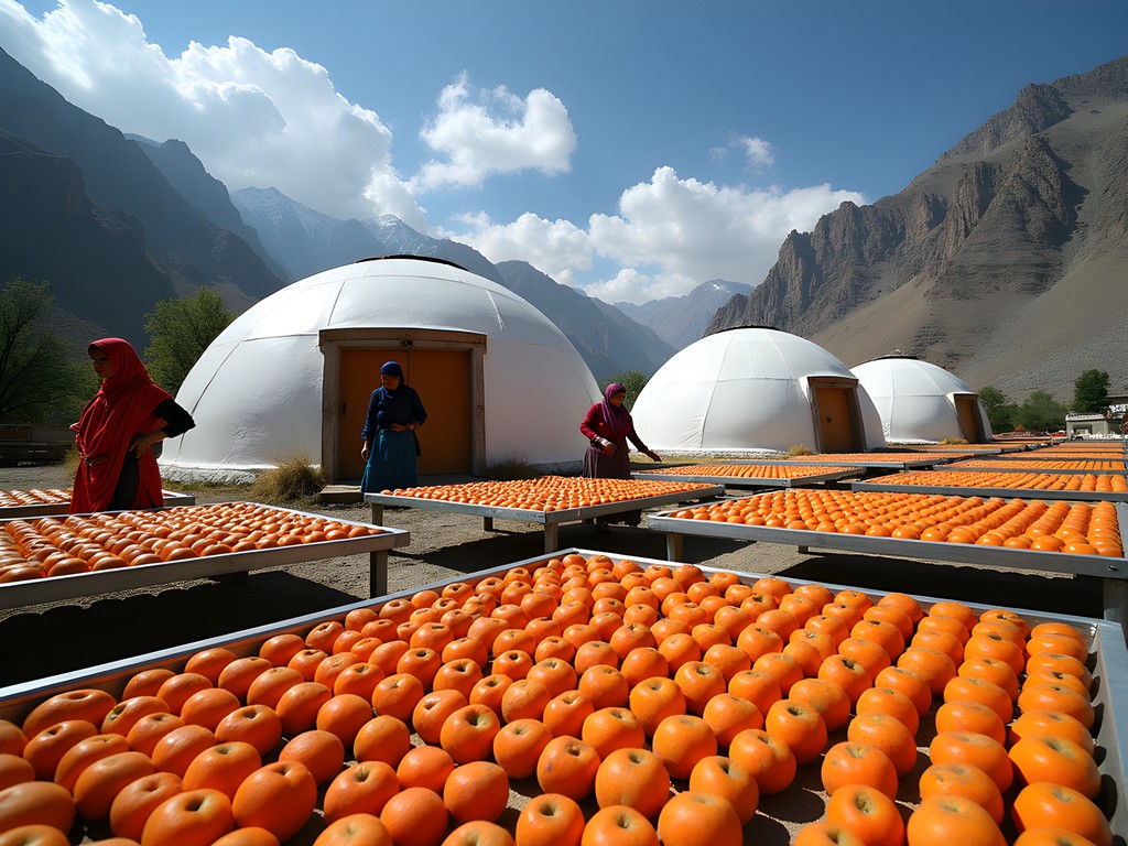 Solar-powered apricot drying domes in Khaplu village with mountains in background
