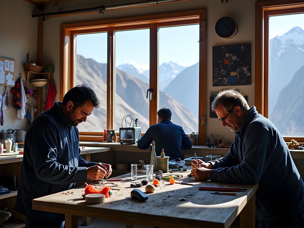 Local craftsmen working on mountaineering equipment in Hushe Valley workshop with mountains visible through windows