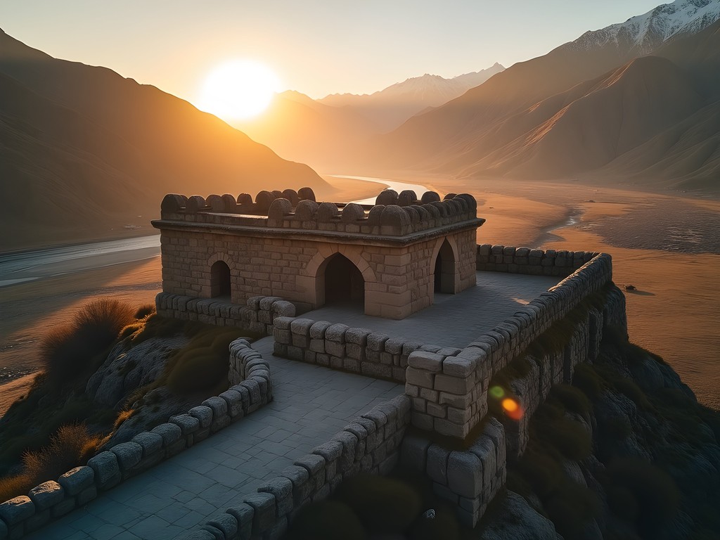 Aerial drone view of Kharpocho Fort in Skardu at sunset with mountains in background