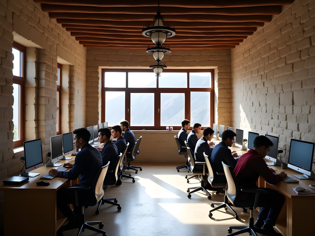 Young students using digital technology at Manthoka community hub with traditional architecture