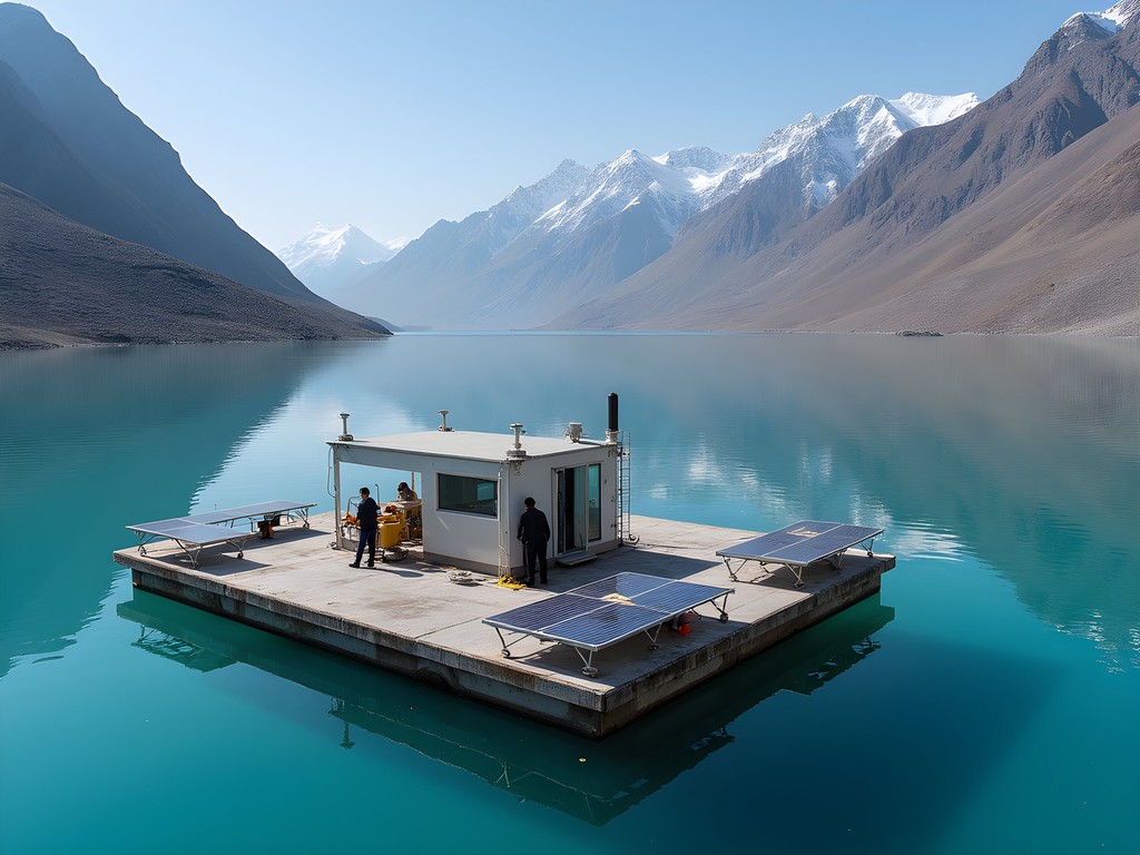 Floating solar-powered research station on Sadpara Lake with mountains reflected in water