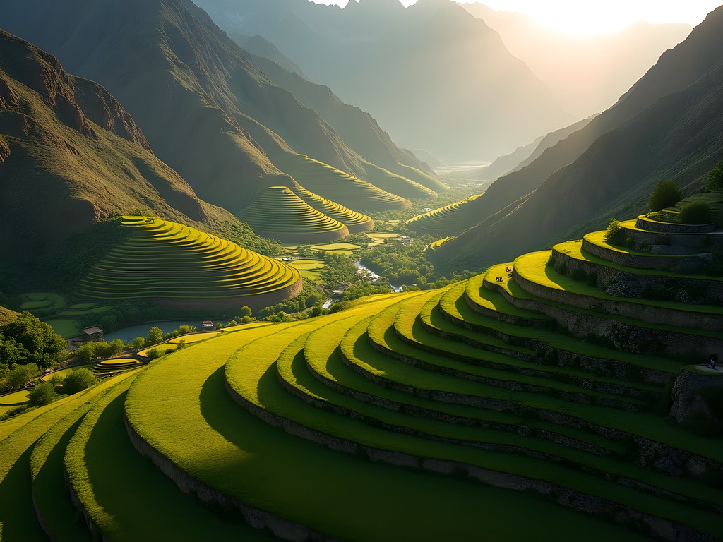 Aerial view of agricultural terraces in Shigar Valley with irrigation technology visible