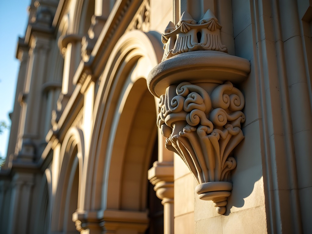 Architectural details of historic building on Notre Dame campus showing Gothic elements and craftsmanship