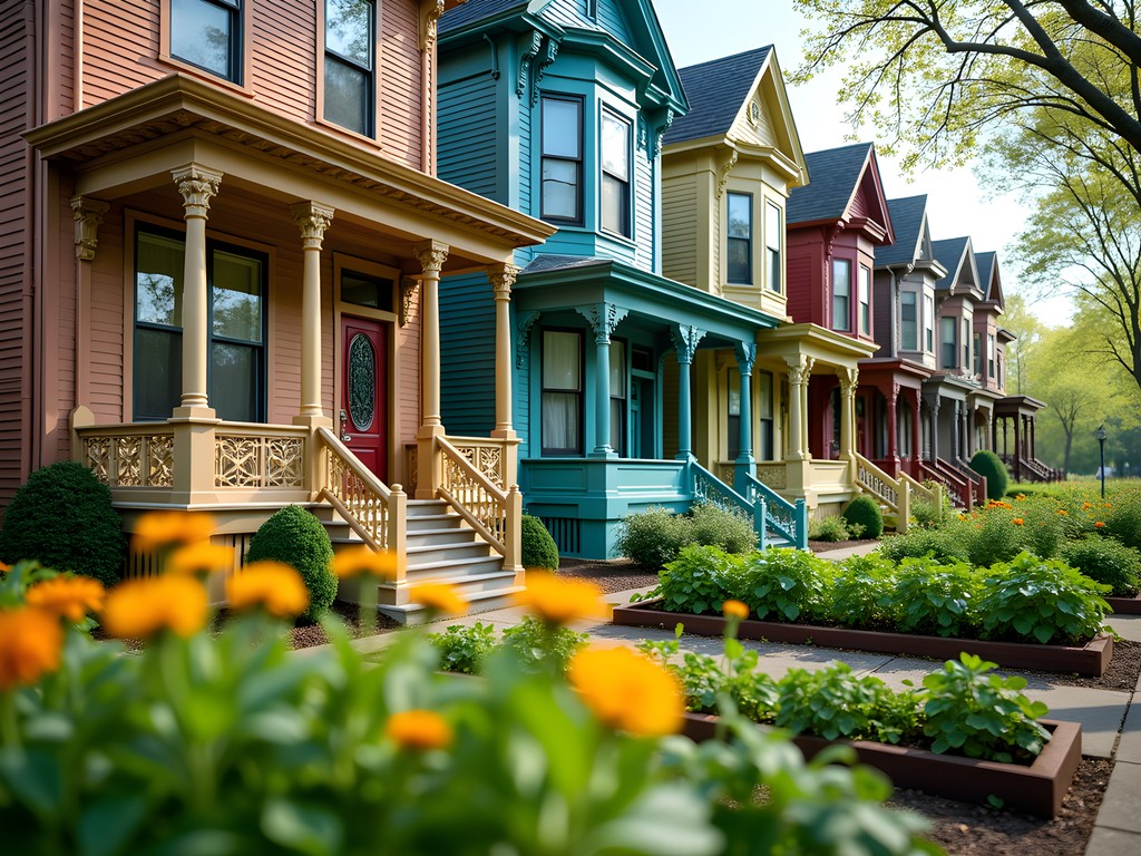 Restored historic homes next to community garden in South Bend neighborhood showing urban revitalization