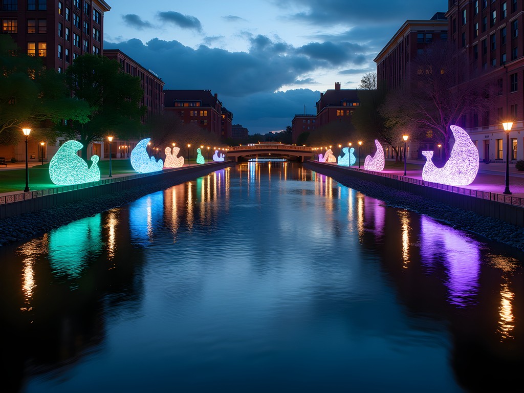 Interactive River Lights installation illuminating South Bend's St. Joseph River at dusk