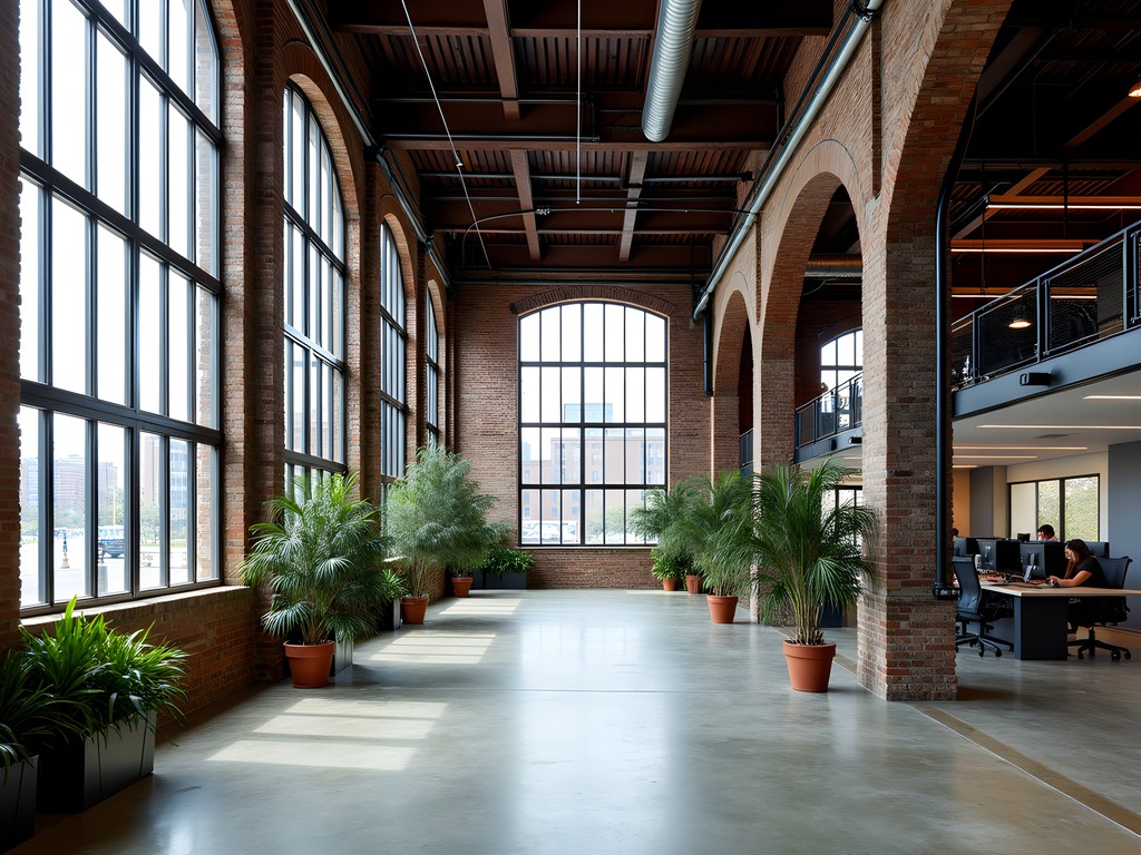 Repurposed Studebaker factory building with original industrial architecture and modern elements