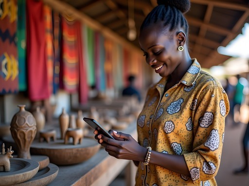 Local vendor using mobile payment system in Mfuwe market