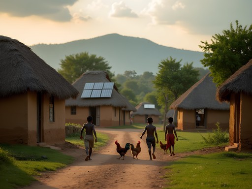 Traditional village homes with modern solar panels in rural Zambia