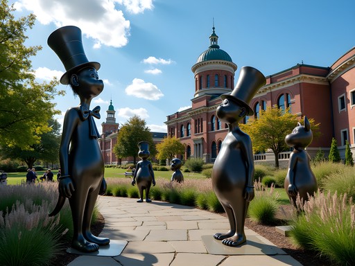 Dr. Seuss National Memorial Sculpture Garden with bronze character sculptures and Springfield Museums in background