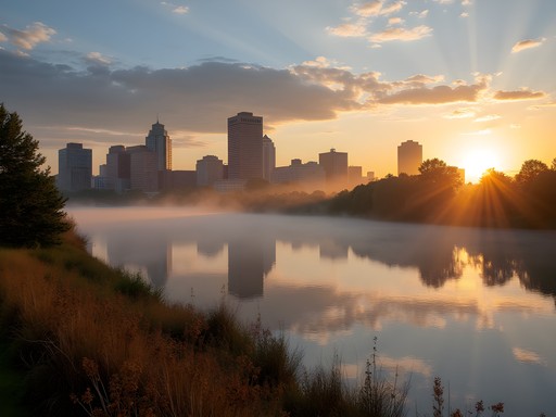 Sunrise view of Springfield skyline from the Connecticut River Walk with morning mist over water
