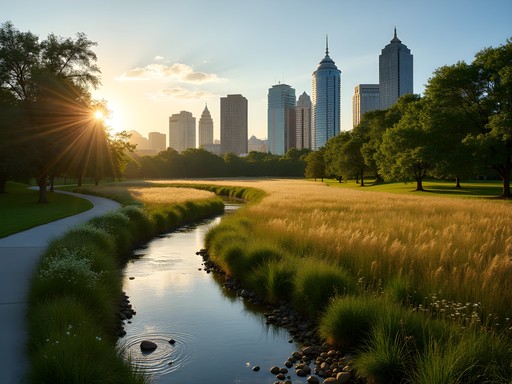 Restored natural riverbed in Mill River Park with native plantings and modern Stamford skyline