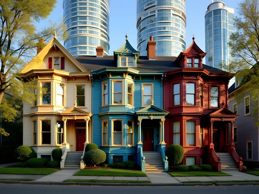 Historic Victorian architecture in Stamford's Bedford Street Historic District with modern skyscrapers visible in background