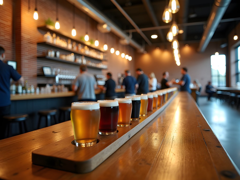 Interior of Baffin Brewing Company in Sterling Heights showing industrial design elements and craft beer flights