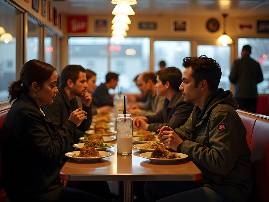 Diverse group of customers enjoying late-night meals at 24 & Vine restaurant in Sterling Heights