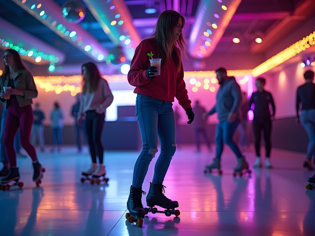 Nighttime adult skate session at Retro Roller Rink with colorful lighting and diverse crowd