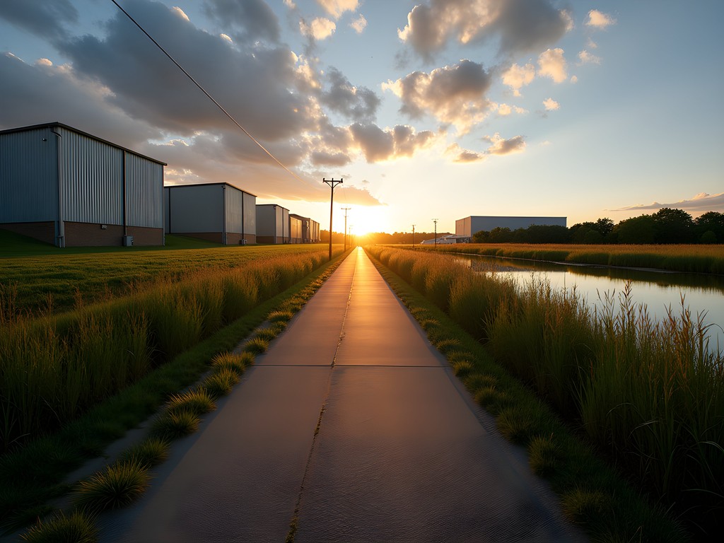 Clinton River Trail in Sterling Heights showing contrast between industrial buildings and restored natural wetlands