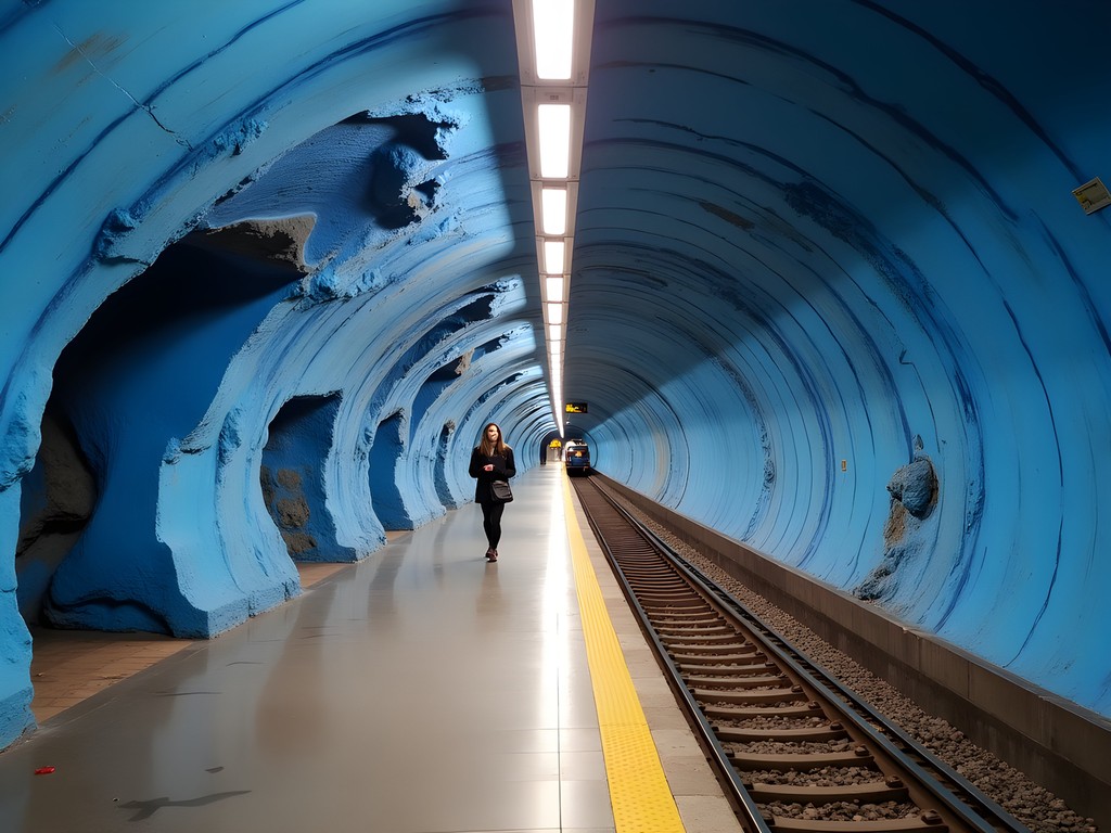 The iconic blue cave-like design of T-Centralen station in Stockholm metro