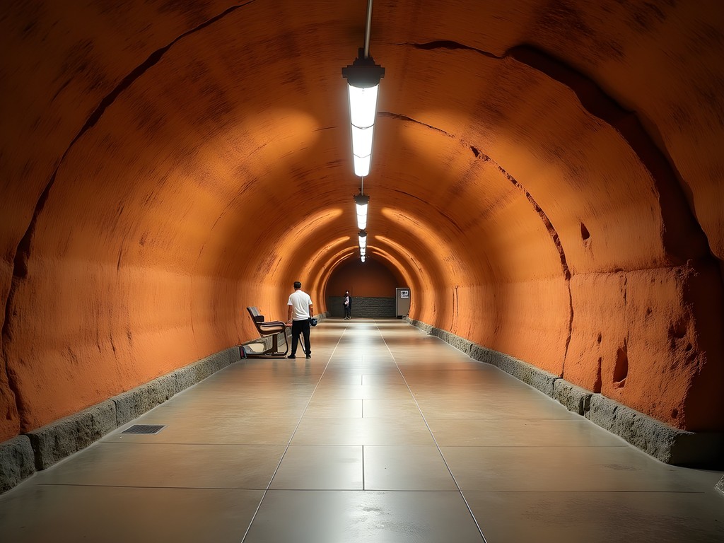 Travel writer examining the cave-like terracotta walls at RÄdhuset station