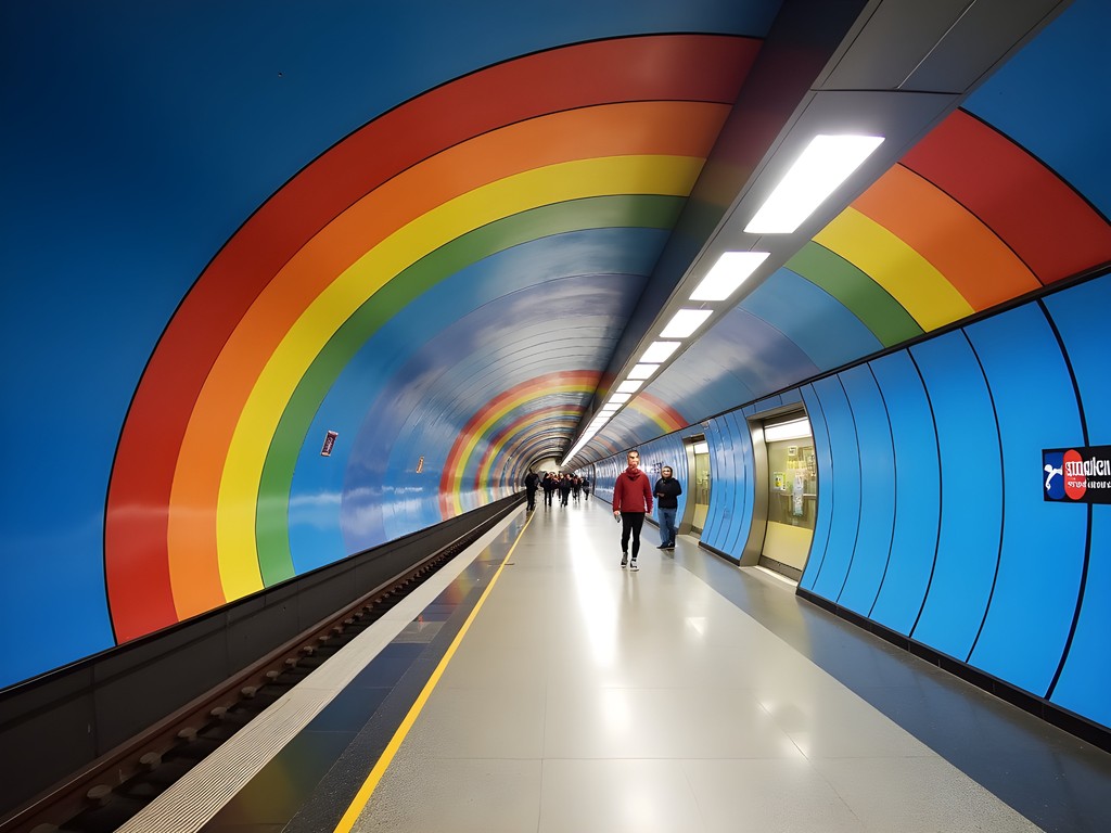 Vibrant rainbow arch at Stadion station on Stockholm's Red Line