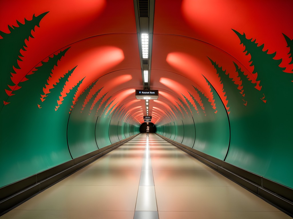 Dramatic red ceiling and green forest silhouette at Solna Centrum station