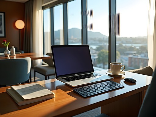 Luxury workspace setup in Perth hotel room with ocean views, laptop, portable monitor and coffee