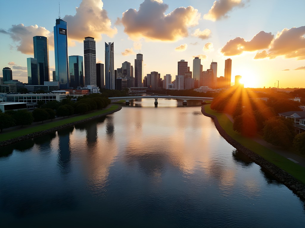 Aerial drone view of Perth skyline and Swan River at sunset with golden light reflecting off buildings