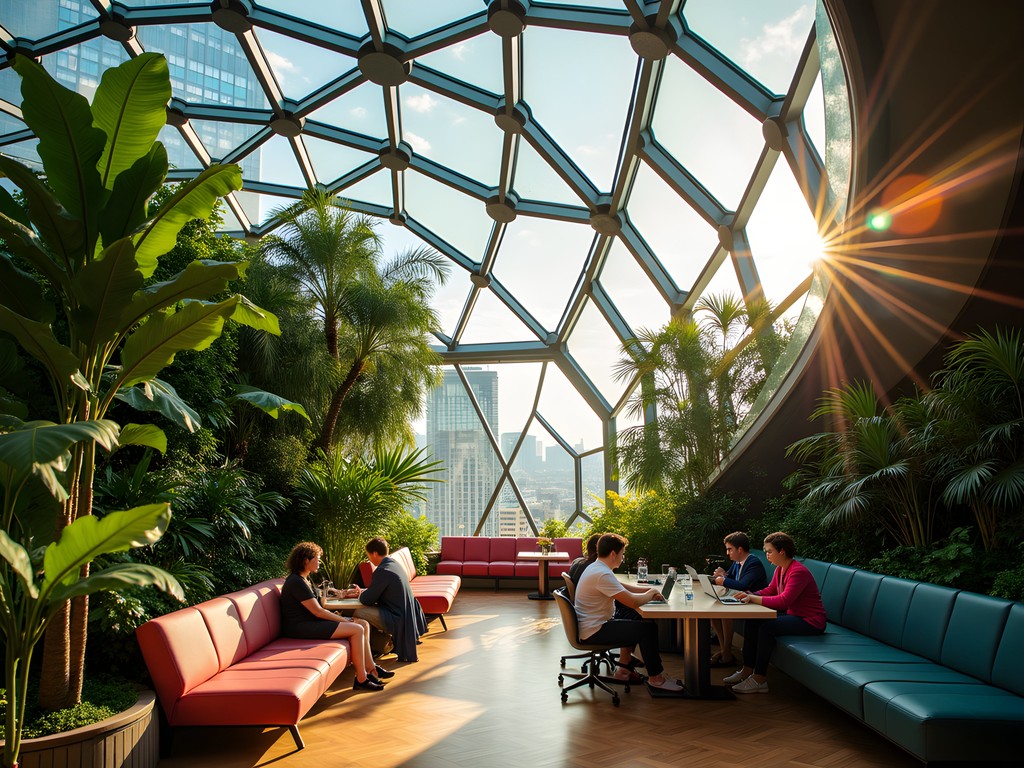 Interior of Amazon Spheres in Seattle showing biophilic design with plants and modern architecture