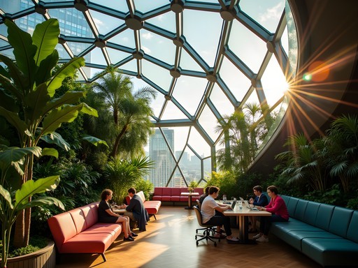 Interior of Amazon Spheres in Seattle showing biophilic design with plants and modern architecture