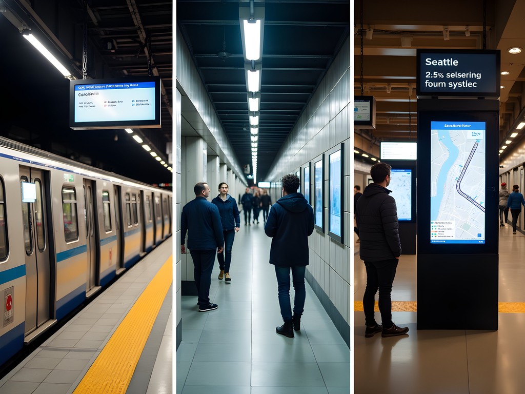 Triptych showing transit systems in Stockholm, Seattle and Perth with digital information displays