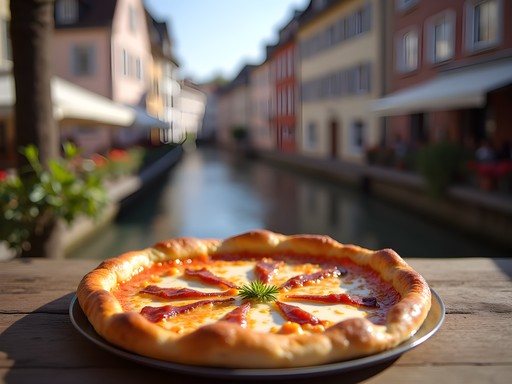 Traditional Alsatian tarte flambée served at outdoor café table with view of Petite France canals