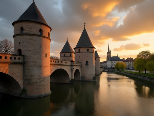 Medieval towers of Les Ponts Couverts in Strasbourg at sunset with canal reflections