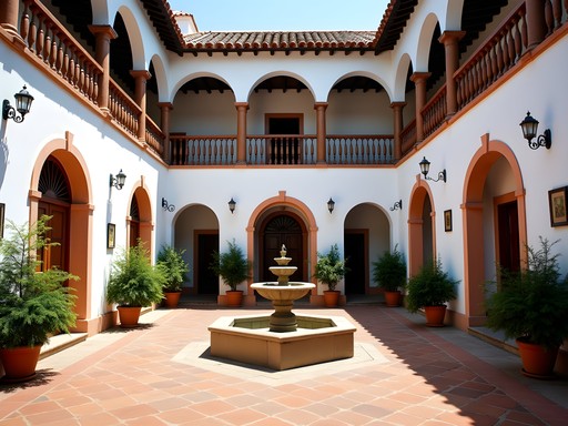 Traditional colonial courtyard with fountain in Sucre, Bolivia showing white walls and terracotta tiles