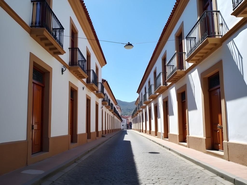 Narrow cobblestone street lined with white colonial buildings in Sucre, Bolivia