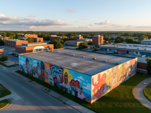 Colorful large-scale murals on industrial buildings in downtown Sudbury