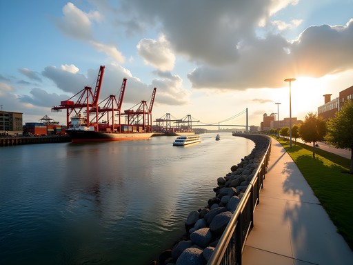 Thea Foss Waterway showing working industrial port with public walkway in Tacoma