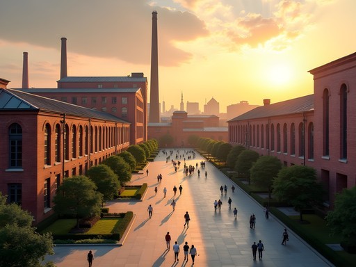 Sunset at Taichung Cultural Heritage Park with historic industrial buildings repurposed as cultural spaces