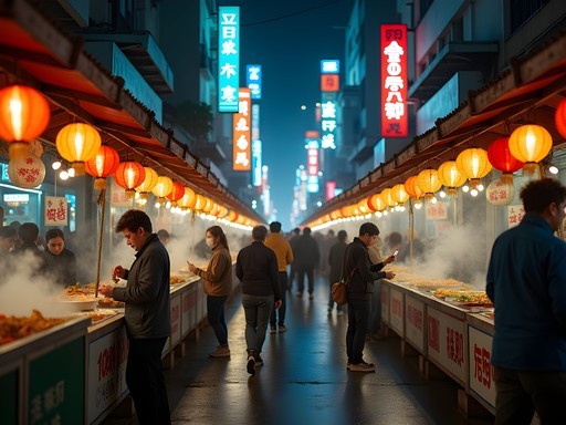 Bustling evening scene at Zhonghua Night Market in Taichung with food stalls and local customers