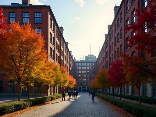 Historic red brick Finlayson factory buildings with fall foliage in Tampere, Finland