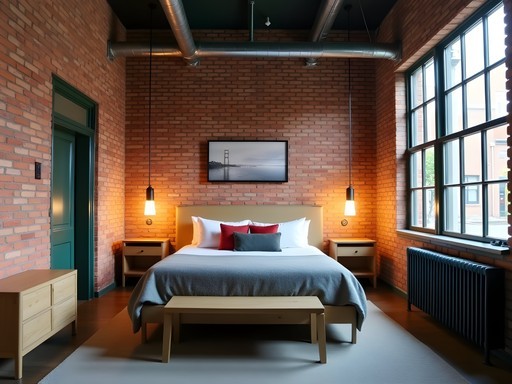 Boutique hotel room in converted factory building with exposed brick walls and large windows in Tampere