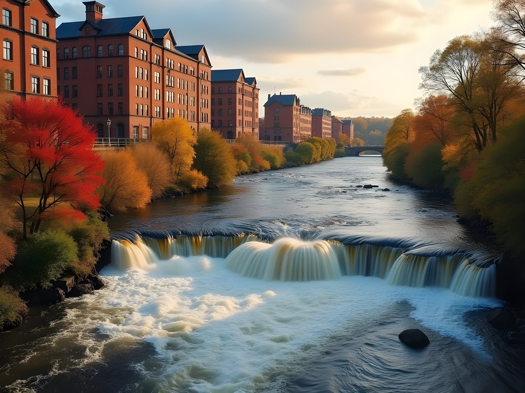 Tammerkoski rapids flowing between historic factory buildings with fall foliage in Tampere