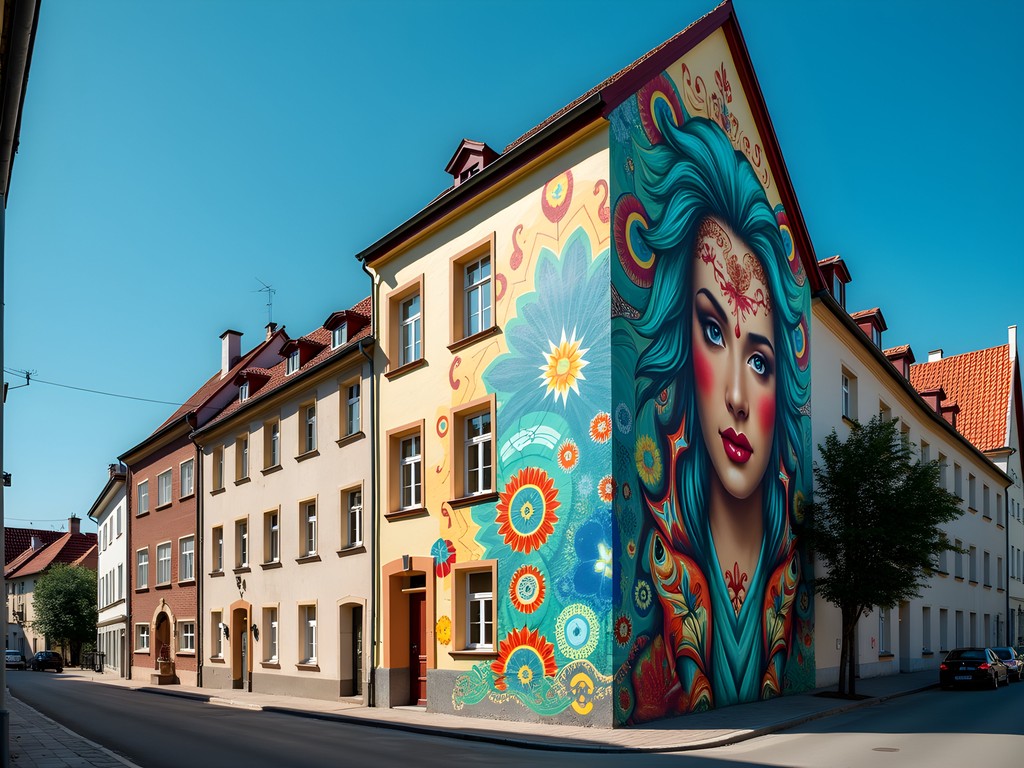Large-scale digital-themed street art mural in Tartu depicting Estonian patterns and digital elements